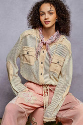 POL Texture Woven Button Down Hooded Shirt with Drawstring Hem OutfitFlow